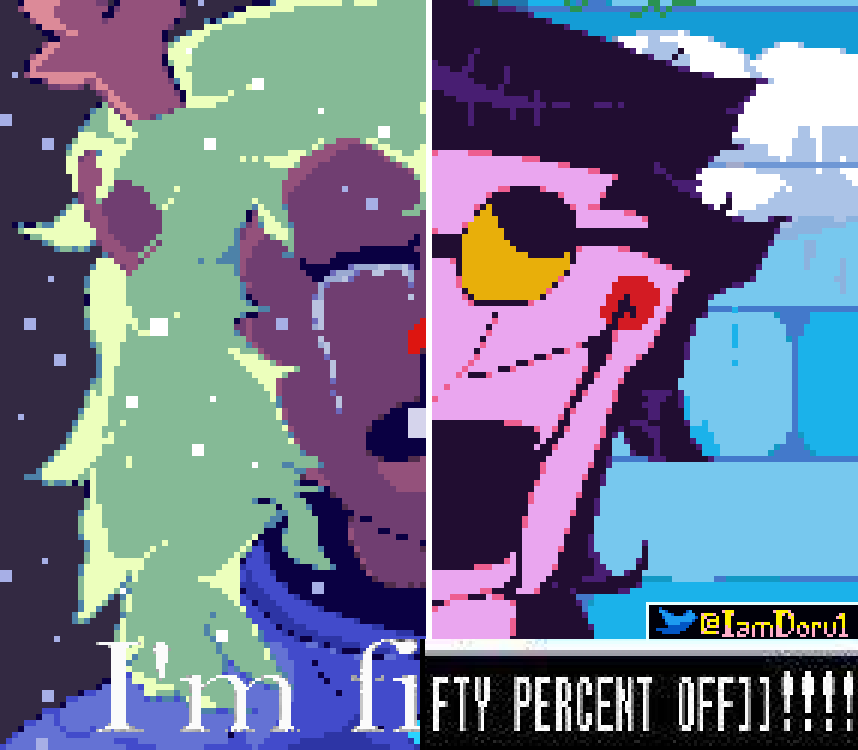 IamDoru1's tweet photo. I've been thinking of this stupid meme all day and I just had to recreate it.

[[ Original is below]]

#pixelart #deltarune #deltarunechapter2 #noelleholiday #spamton #spamtonfanart #pixelartist #pixelartmeme 
#deltarunememe https://t.co/BIas3QyhY9
