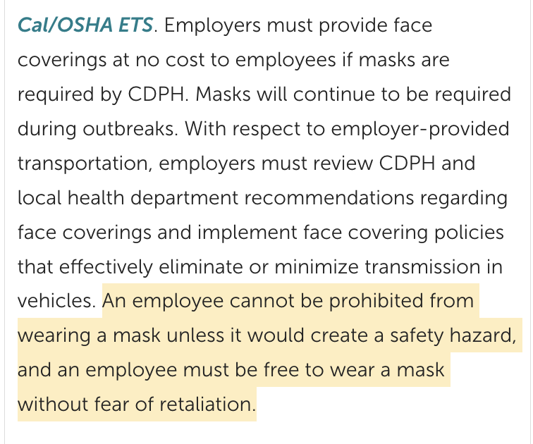 TogetherWeMask's tweet photo. In CA, an employee cannot be prohibited from wearing a mask unless it would create a safety hazard, and an employee must be free to wear a mask without fear of retaliation. @CAPublicHealth 
Workers in AZ, CO, TX, NV &amp; UT should enjoy the same human right.
https://t.co/xdAwAbSy5e https://t.co/PlDbeyH0y8