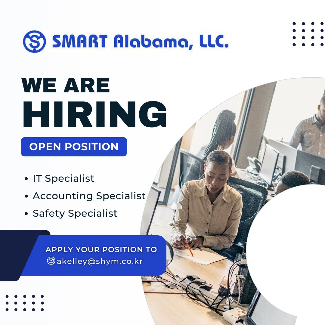 Southeast ALWorks (@sealaworks) on Twitter photo SMART Alabama is hiring multiple positions! Apply for your position today by emailing akelley@shym.co.kr! #hiring #SMART #applynow #southeastalabamaworks SMART Alabama is hiring multiple positions! Apply for your position today by emailing akelley@shym.co.kr! #hiring #SMART #applynow #southeastalabamaworks