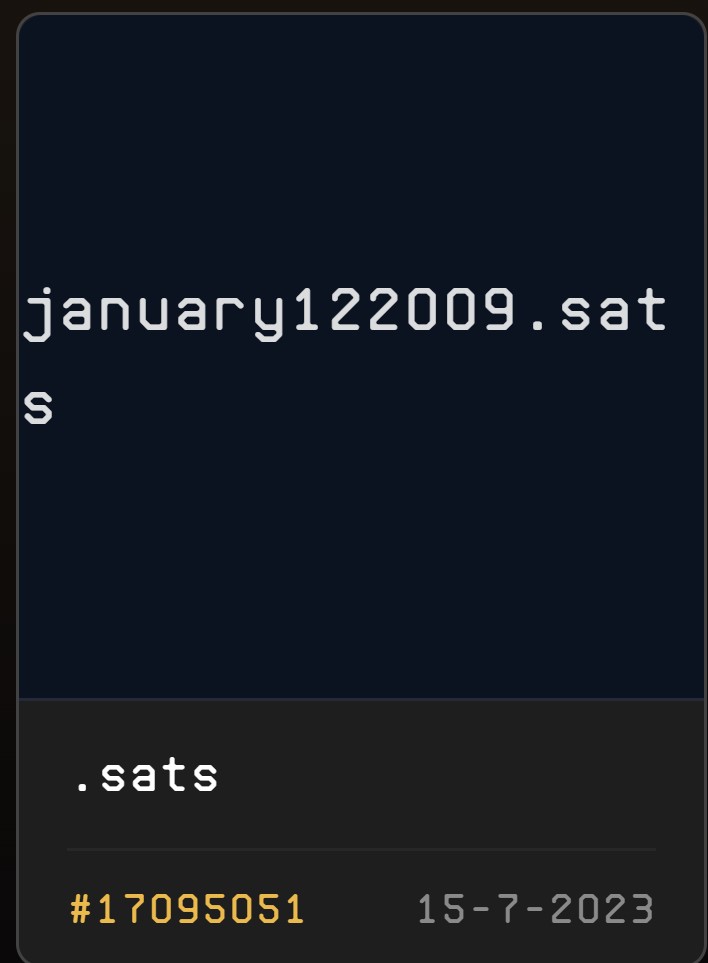 davy_onchain's tweet photo. First Transaction β Sat from the 10 BTC sent from Satoshi Nakamoto to Hal Finney in the first Bitcoin transaction ever on January 12, 2009
Just registered a piece of history:
january122009.sats
#SNS #satsnames #dotsats #Bitcoin #BTC