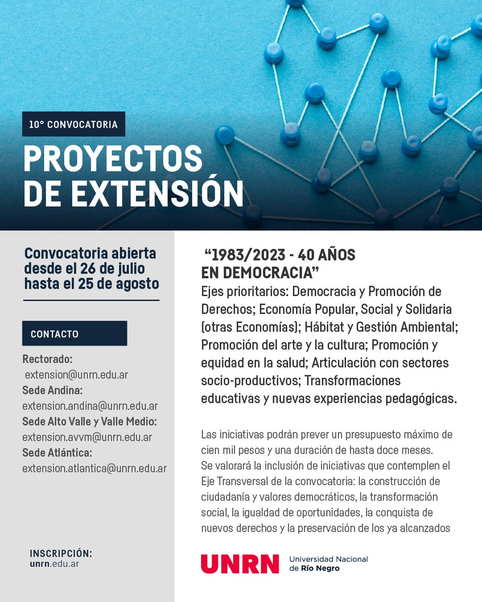 unrnvalle's tweet image. 📍Abrió la convocatoria a #proyectosdeextension UNRN “1983/2023 - 40 años en Democracia”

❗️La convocatoria inicia el 26 de julio y será hasta el 25 de agosto

📲Más información, bases y condiciones en &amp;gt; unrn.edu.ar/eventos/Redacc…