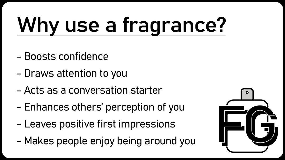 FragGuides's tweet photo. Why use a fragrance?

Wearing fragrances can hold many benefits, here are a few listed out 👇 #fragrance #perfume #scent https://t.co/R6mgSQJPu3