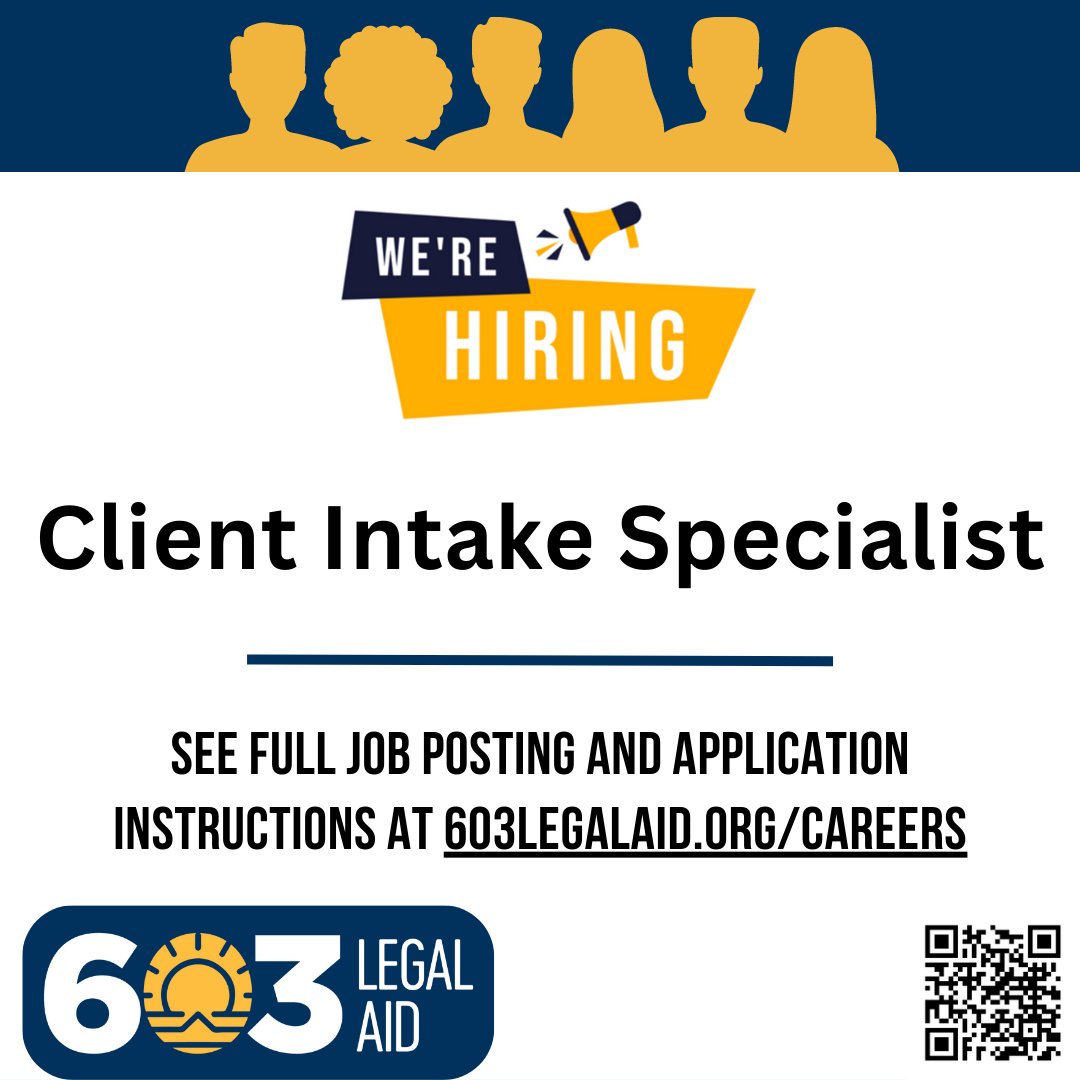 NH Justice for All (@nhjustice4all) on Twitter photo 603 Legal Aid is accepting applications for a Client Intake Specialist. The Client Intake Specialist assists with telephone and online applications for those seeking civil legal assistance from 603LA and its legal partners. Full job description here: bit.ly/3J8gnHM 603 Legal Aid is accepting applications for a Client Intake Specialist. The Client Intake Specialist assists with telephone and online applications for those seeking civil legal assistance from 603LA and its legal partners. Full job description here: bit.ly/3J8gnHM