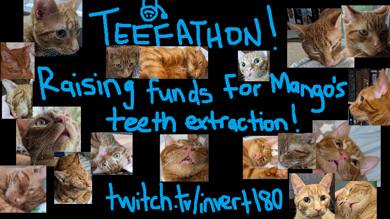 invert180's tweet photo. The TEEFATHON begins, raising funds for Mango's teeth extraction! We will defeat his overbite, dang it!

Playing cat-based games all day! Catlateral Damage: Remeowstered, Cat Quest II, Cats Organized Neatly, Skyrim. King of the Castle at some point too!

https://t.co/7E7G5UK0p8 https://t.co/riHgan21Xf