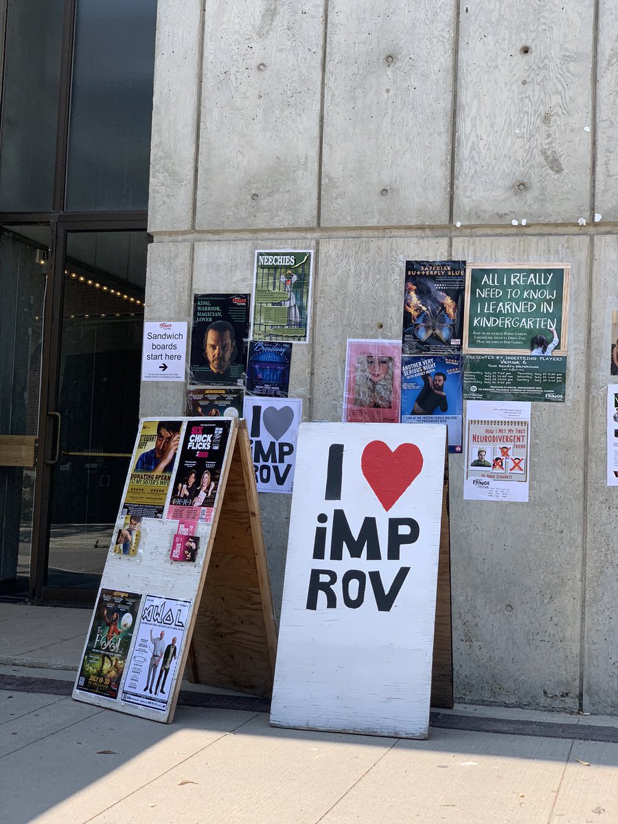 theCRUMBS's tweet photo. Sandwich boards have been popular advertising signage since the 19th century. They are still used today, especially in Winnipeg during the @WinnipegFringe I use mine to advertise my solo improv show! #WpgFringe #improv #comedy #theatre https://t.co/bhlx7lzMTx