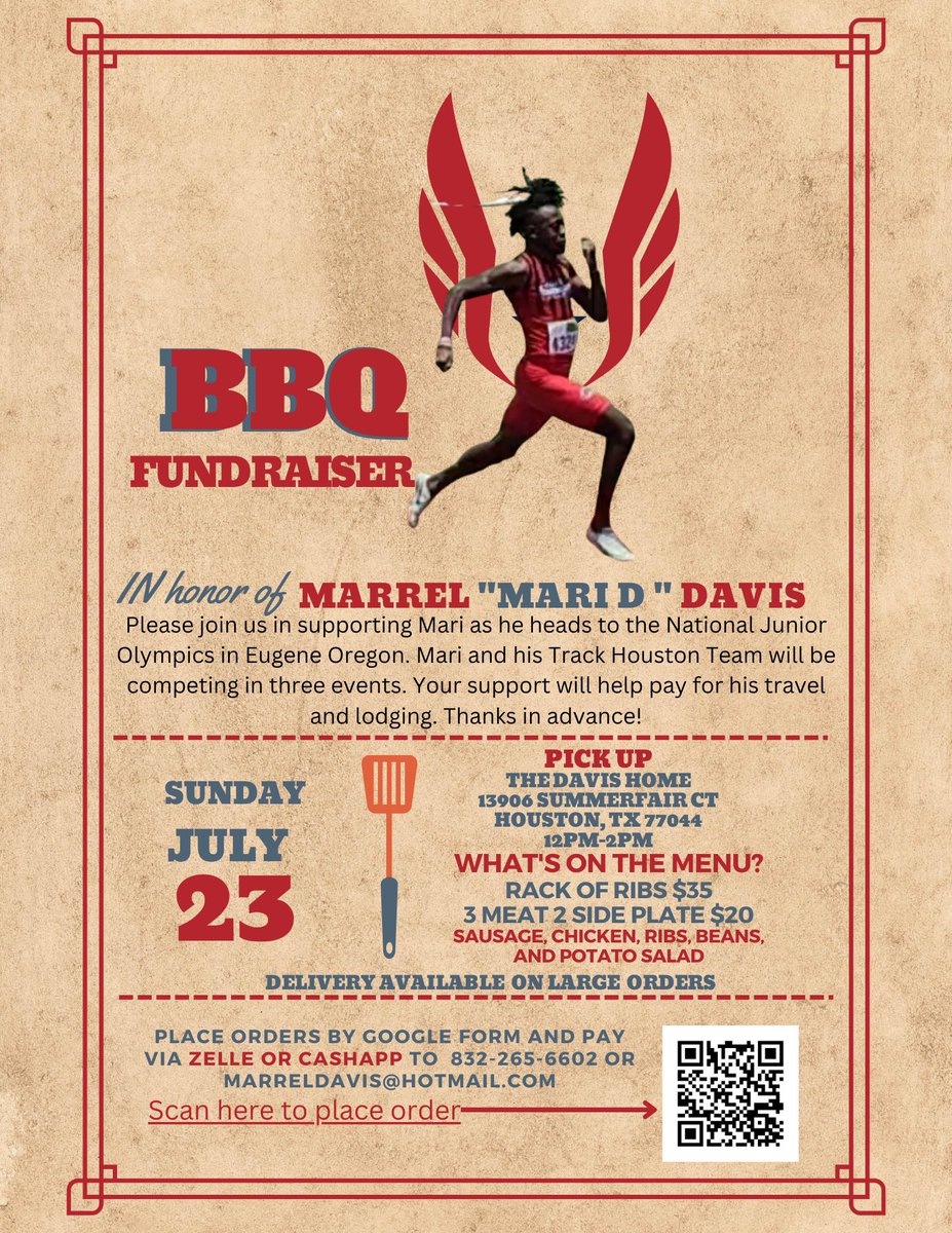 Our Guy has punched his ticket to the National Junior Olympics in Eugene Oregon. In efforts to finance his travels we're hosting a BBQ fundraiser next Sunday. If you like great BBQ or just wish to support see the flier below. forms.gle/jm7MrQVW34LtwZ…
