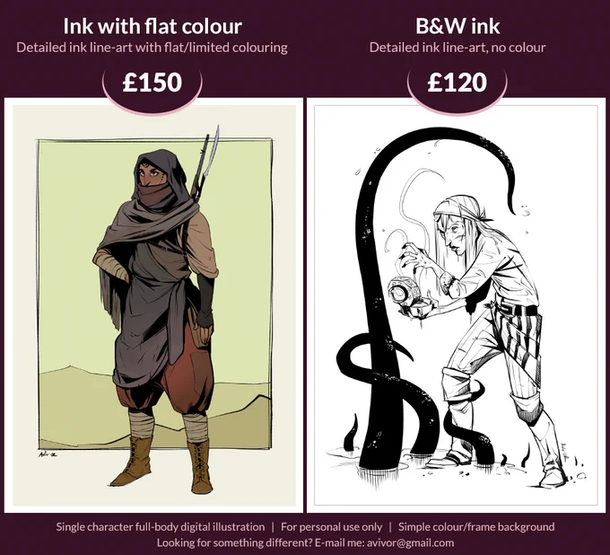 Opening up a few inky commission slots!  🖼️ Print-size, for personal use in print or on screen 💰 Prices are in GBP, payment upfront via Wise/bank transfer for UK locals ✉️ Please email avivor[at]gmail[dot]com if you're interested, or feel free to DM if you have any questions!