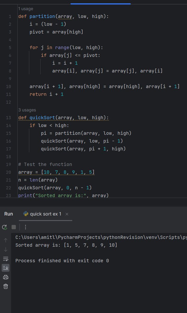 amit_tech_quest's tweet photo. Day 45
Quick Sort: Partitioning an array around a pivot, rearranging values in linear time complexity O(n), and recursively sorting sub-arrays. High efficiency yet spatially conservative.
@lftechnology 
#60DaysOfLearning2023 
#LearningWithLeapfrog 
#LSPPD45 https://t.co/dVotVxgvMf