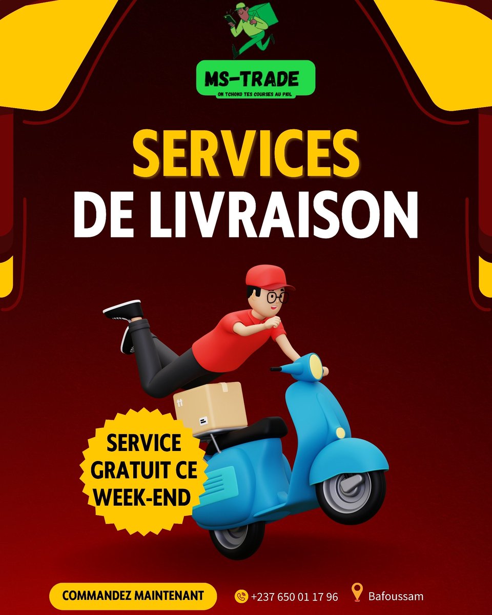 ChronoShops's tweet photo. Les livraisons sont gratuites ce week-end, profitez-en en nous contactant dès maintenant.

#Livraisonàdomicile #MS_Trade_ #Bafoussam #OuestCameroun #Cameroun #Repas #Fruits #légumes #Aliments #Bafoussam https://t.co/digZabPyxx