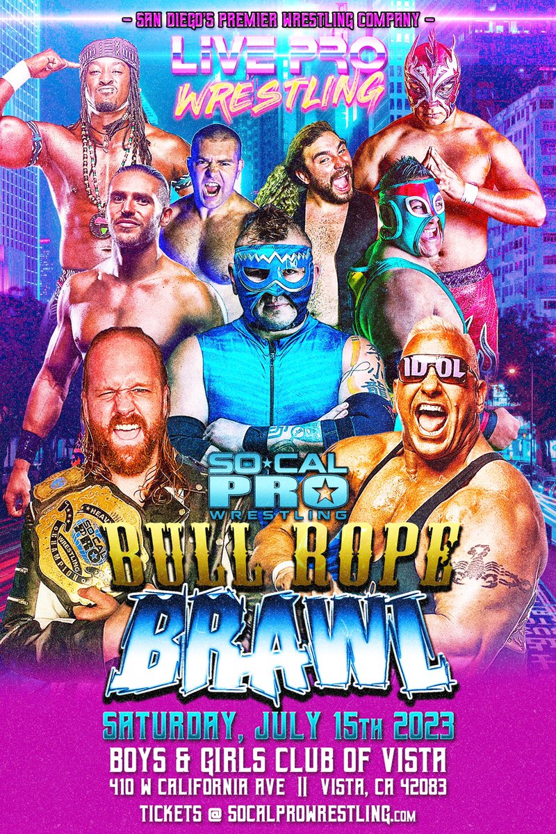 SoCalPro's tweet image. It’s happening tonight! Do not miss out on this event at the Vista boys and girls club for SoCal Pro Wrestling’s bull rope brawl! See you all 6:00pm.