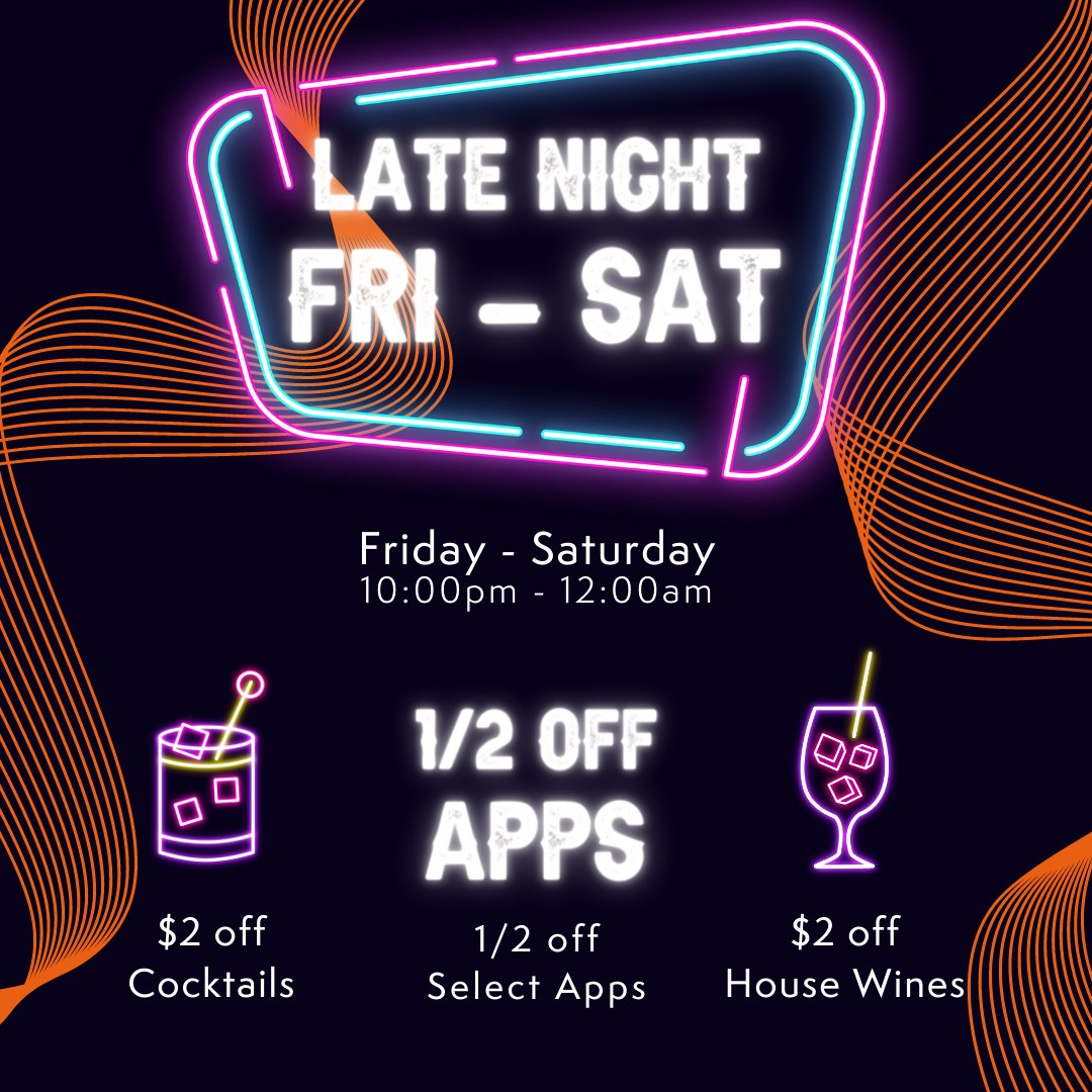 cni713's tweet photo. We are open late night, every Friday and Saturday! 🌃 

Unwind from the week and enjoy 1/2 off select apps, $2 off cocktails &amp; house wines. 

Let the good times roll🤠 
#latenight #reversehappyhour #cni713 #localrestaurant #localbar #houstontx #foodie https://t.co/aX1GZ1UVDc