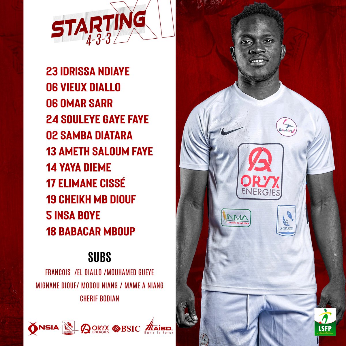 diambars_fc's tweet image. 0’ | Le onze. 

#DFCGF #FootLocalSN #Ligue1SN @LSFP_sn #DiambarsWeAre 🔴⚫️