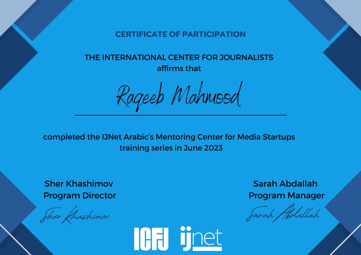 raqibm's tweet image. باوەرناما پشکداریێ ژ IGFJ سەنتەرێ نێڤدەولەتی یێ رۆژنامەڤانان.
 #Mentoringcenter23
@IJNet  
@ICFJ