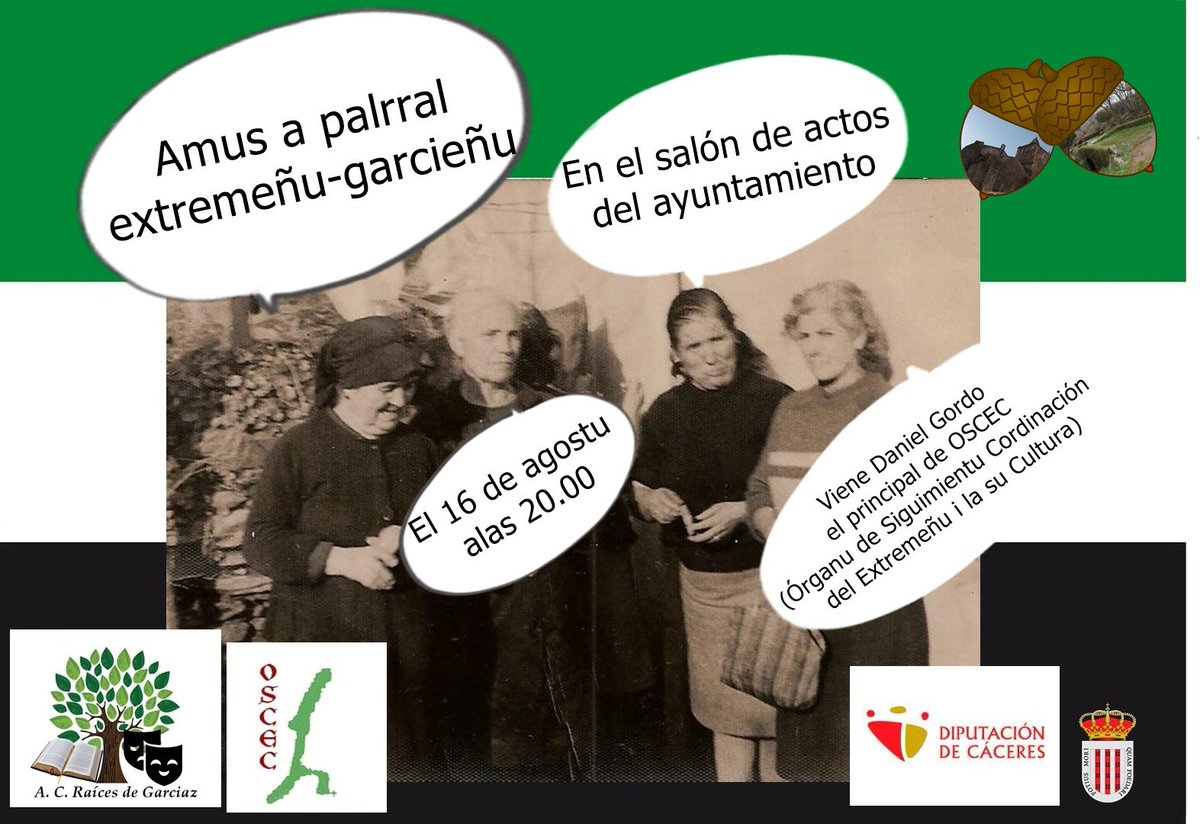 16/08. 20 h. Salón de actos del Ayuntamiento. Charla de Daniel Gordo sobre el Extremeño <a href="/OscecEstremaura/">OSCEC Estremaúra</a> <a href="/SIEMPREGARCIAZ/">GARCIAZ</a> <a href="/adicomt/">ADICOMT</a> <a href="/turisvilluercas/">Turismo Villuercas</a> <a href="/VilluercasGPark/">Villuercas-Ibores-Jara Geoparque Mundial UNESCO</a> <a href="/Villuercasoeste/">Plataforma zona villuercas oeste</a> <a href="/DiputacionCC/">DiputacionCC</a> <a href="/Turismo_DipCC/">Turismo Provincia Cáceres</a> <a href="/Junta_Ex/">Junta de Extremadura</a> <a href="/Extremadura_tur/">Extremadura Turismo</a> <a href="/LasTejoneras/">Las Tejoneras De Conquista</a> <a href="/PiSerradilla/">picosfoto-berzocana</a> @CaceresImpulsa