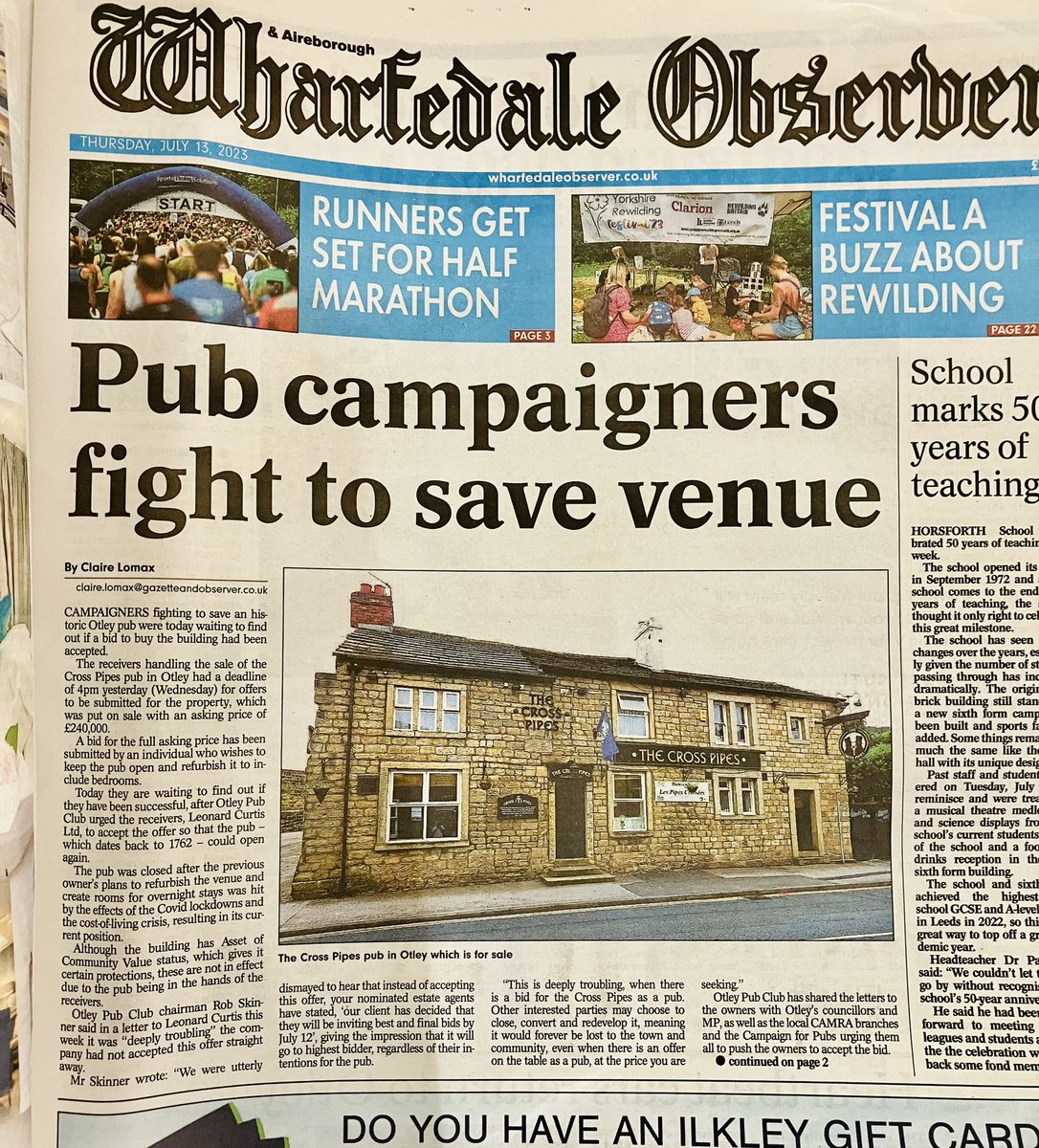 Great #frontpage of the @wharfeobserver about the #CrossPipes #Otley & #OtleyPubClub urging #LeonardCurtis & @WalkerSingleton to do the right thing & sell it as a #pub. 

Still no news on their decision…🤞

wharfedaleobserver.co.uk/news/23645993.…

#SavetheCrossPipes #SaveOurPubs #pubs