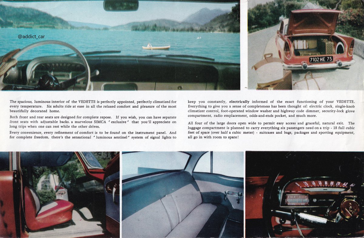 addict_car's tweet photo. Simca ironically billed its big Vedette as 'in the French tradition of style, quality and craftsmanship' despite the fact that its mid-50s body and flathead 2.4 V8 engine originated as a Ford France model before Simca took over the manufacturing operations. #carbrochure #Simca https://t.co/qywYH7bJpF