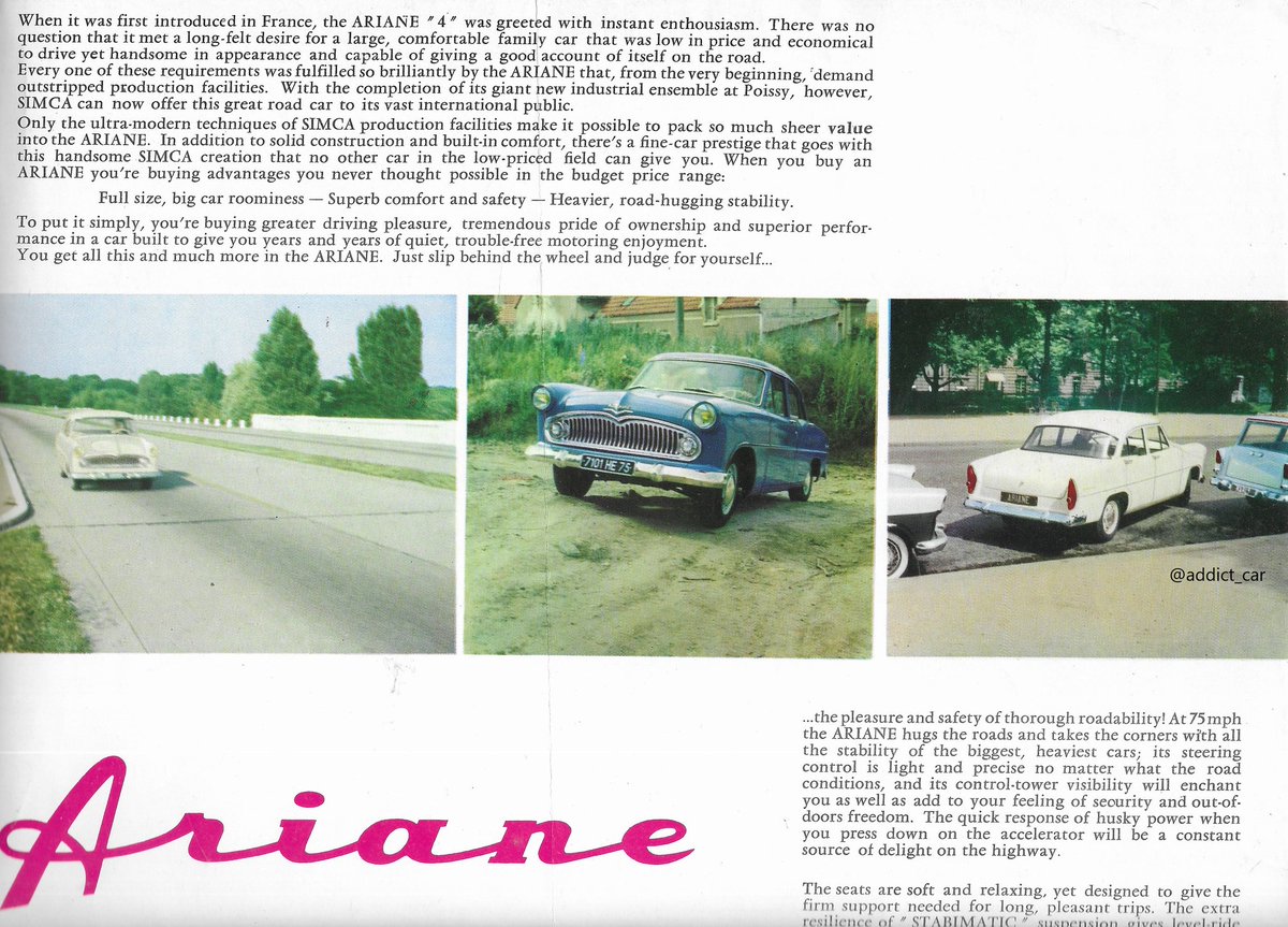 addict_car's tweet photo. Simca's main development of the Vedette design was to substitute the V8 unit in favour of the 1290cc 'Flash' engine from the much smaller Aronde to create the Simca Ariane, shown in this 1959 brochure. It made some sense in France, where taxation was based on engine size/output. https://t.co/PSYO05oH3S