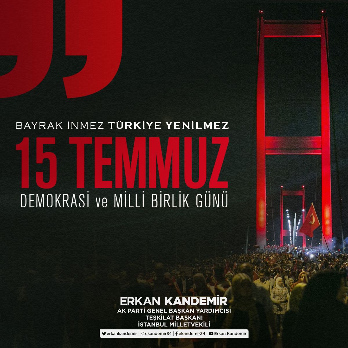 Tarihimizin en karanlık ve uzun gecesi olan #15Temmuz'da Cumhurbaşkanımız Sayın Recep Tayyip Erdoğan’ın çağrısıyla, milletimiz; tanklara, tüfeklere ve Fetöcü hainlere meydan okuyarak destansı bir direniş ortaya koymuştur. 

15 Temmuz ruhu ile Çanakkale ruhunun birlikte anılması
