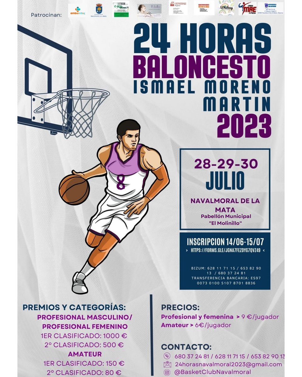 ÚLTIMO DÍA CON LAS INSCRIPCIONES ABIERTAS.

Novedades: Las 24 Horas de Baloncesto se jugarán finalmente en el Pabellón Municipal "El Molinillo".

Alojamiento disponible.

Formulario de inscripción: forms.gle/Jgna7FEZdyg7qv…
