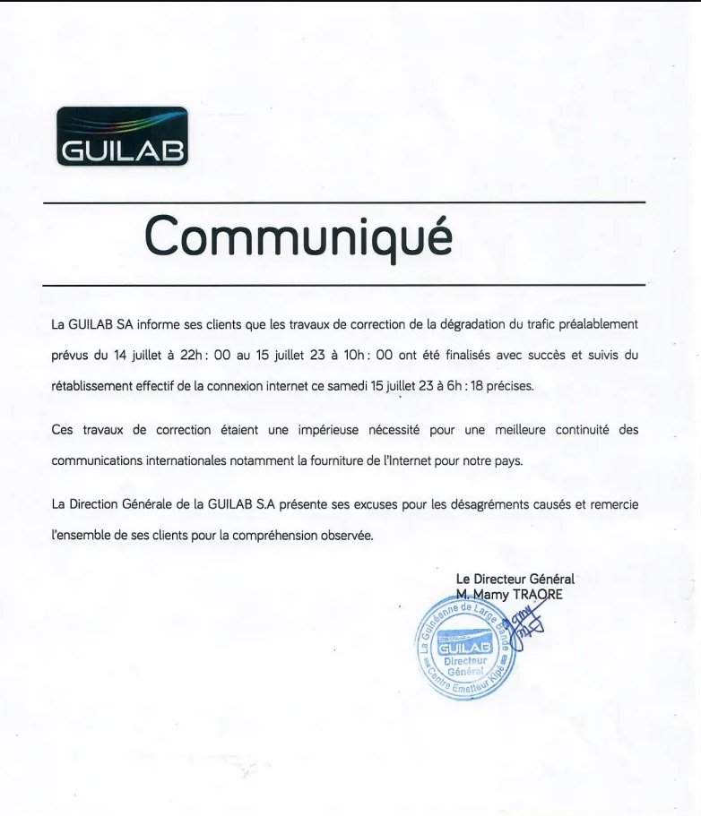 CloudflareRadar's tweet photo. Planned maintenance work by #GUILAB, likely on the #ACE submarine cable, took the entire country of #Guinea 🇬🇳 offline overnight.
The communique from GUILAB notes that that the maintenance occurred between 22:00 on July 14 and 06:18 "sharp" on July 15.
https://t.co/NlDNnpEALJ https://t.co/tfyKfQFzJ4