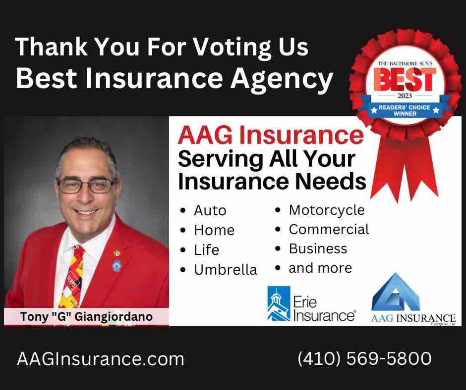 AAGInsurance1's tweet image. Our sincere thanks to all for voting us Baltimore’s Best Insurance Agency in the Baltimore Sun’s Reader’s Choice poll!  We are honored by and appreciative of your support. #BestInsuranceAgency #AAGInsurance #TonyG