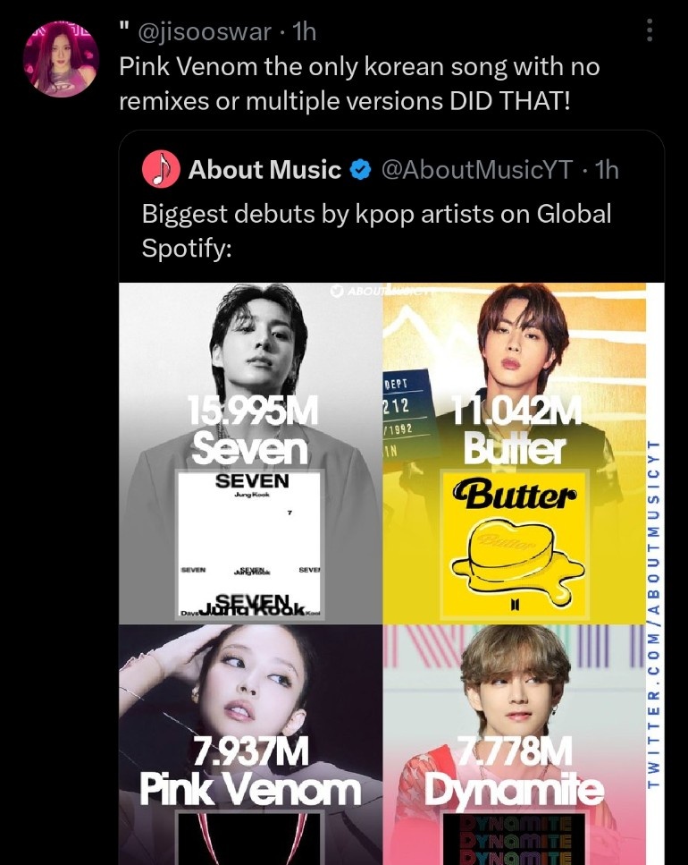 tae_cherriess's tweet image. Seven, Butter and Dynamite with no target exclusive, 1 week free Spotify, 40% off on U.S. official store DID THAT!