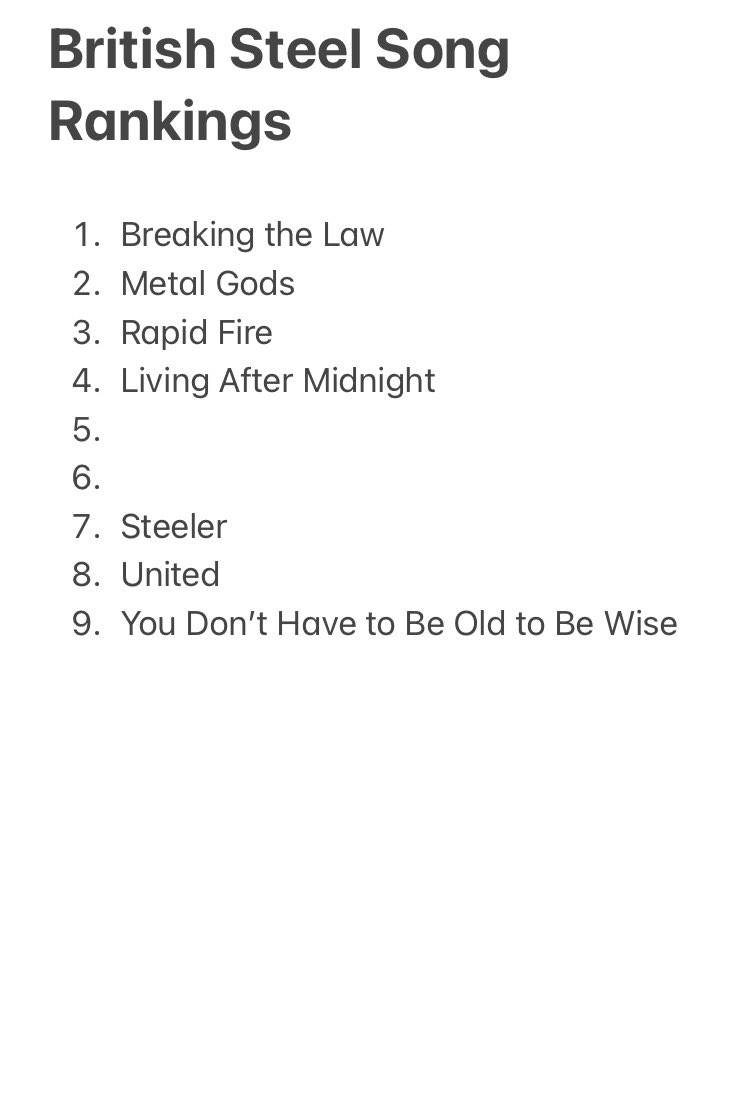 marugen17's tweet image. &amp;lt;Killing/Steel Song Rankings&amp;gt;
4th Round 

Thank you all for voting!! Here are the results of 4th rounds. We are about to complete Killing Machine and British Steel. Let’s finish this up!!

#JudasPriest #Poll #KillingMachine #HellBentForLeather #BritishSteel