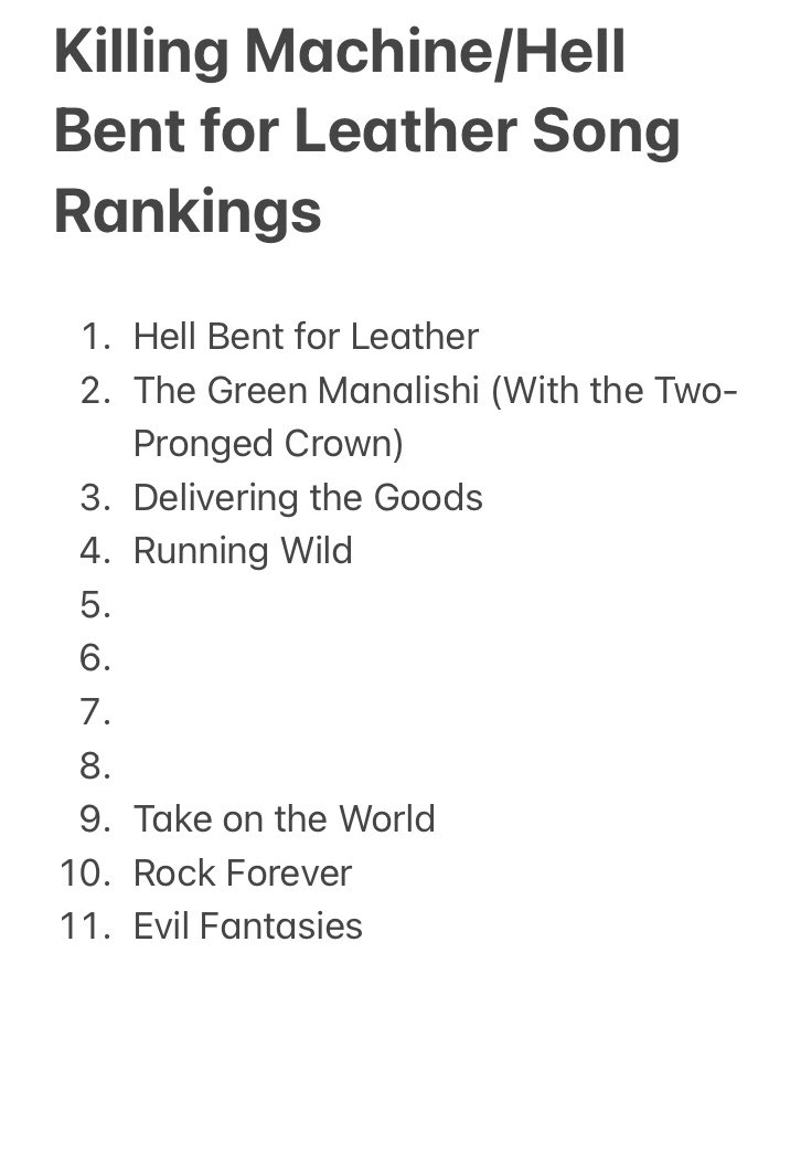 marugen17's tweet image. &amp;lt;Killing/Steel Song Rankings&amp;gt;
4th Round 

Thank you all for voting!! Here are the results of 4th rounds. We are about to complete Killing Machine and British Steel. Let’s finish this up!!

#JudasPriest #Poll #KillingMachine #HellBentForLeather #BritishSteel