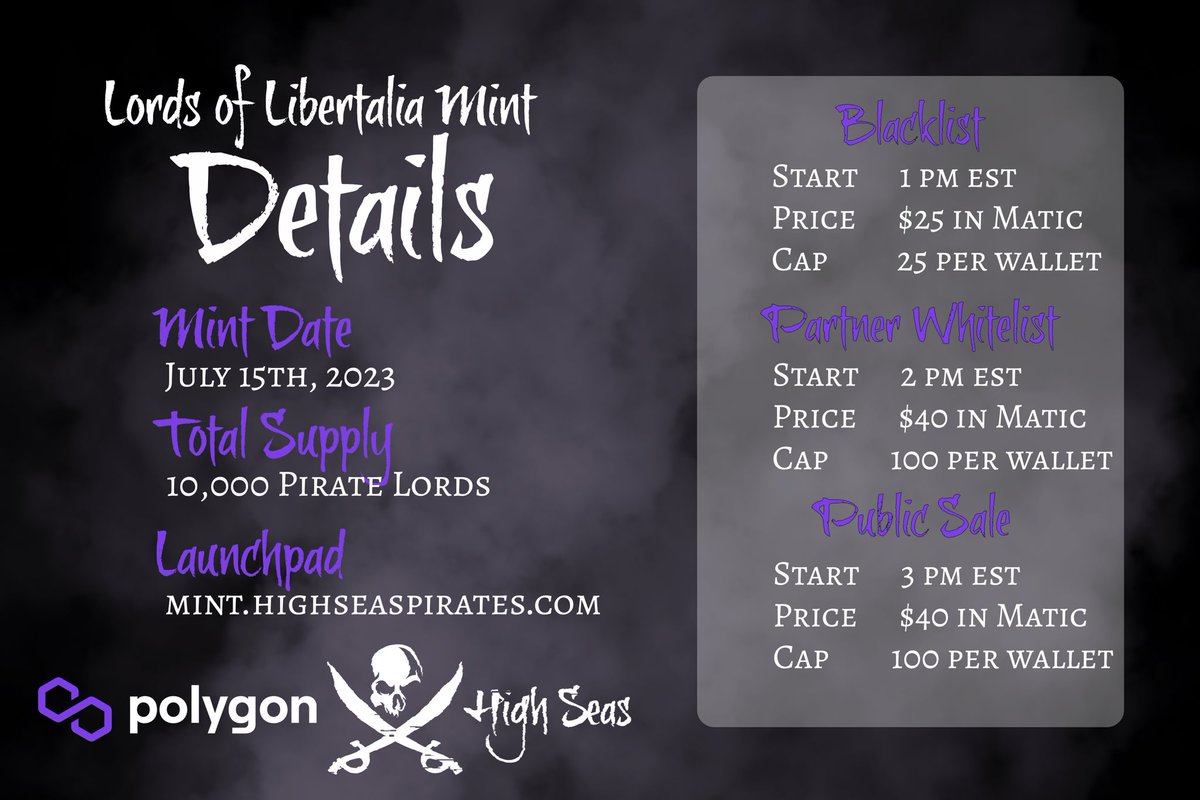 OzMoonX's tweet photo. 🚩Ahoy, mateys! 
Exciting news from the Pirates! @HighSeasGameFi 🏴‍☠️ 

The Imminent Launch of the Lords of Libertalia is upon us! ⚓️
Let’s embark on this thrilling journey across the High Seas! 🏴‍☠️🌊

Set your sights on the horizon as the countdown begins! Join us as we unlock the treasures of this hand-drawn utility-rich NFT collection. Be ready to seize unique pieces and explore an upcoming vibrant and virtual world, while engage in swashbuckling activities with fellow crew members from various DeFi communities! 🙌🏻

The High Seas will never be the same! 💜🌊

Stay tuned for more details of today’s mint, and prepare to become a legendary pirate in the world of NFTs. 

Avast, me hearties! The Lords of Libertalia await! ⚔️🏴‍☠️@DarkmoonTim @CptIronFist @Captain_X_ofHS 
@HighSeasGameFi #HSPcrew #PushingP @GenK_NFT @Degen_Shan @RivalBearNFT @king_maxx7 @cryptocrewnfts @thematicman @MoonizensNFT @MoonizenStudios @YolosSquad @SFMBigYOLO @rla323 @RipVanWizard @jpop2010 @EveyNFT @Xpandincapacity @mushrmofficial @SAW_Me_plz @Real_Lord_NFT @Lazytacosclub @theMisfitsNFT @crisvond @mushrmofficial @psydelve @cameronbright @BIGBOOMS6394 @BigNillCollect