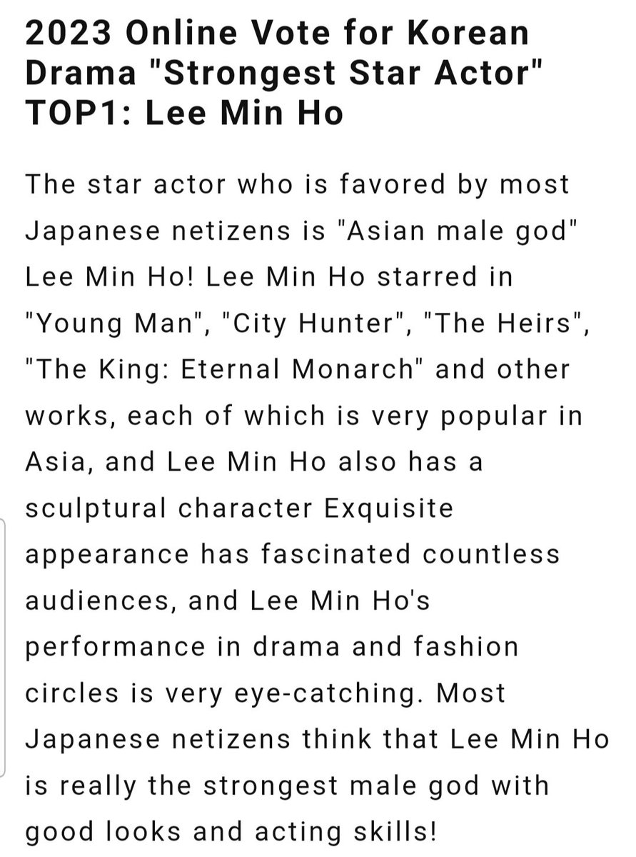 'Kdrama's Strongest Star Actor' TOP10
TOP1 #LeeMinHo
His sculptural exquisite appearance has fascinated countless audiences,his performance in drama and fashion circles is very eye-catching.He is the strongest male god with good looks and acting skills🤎
🔗beauty321.com/post/55986