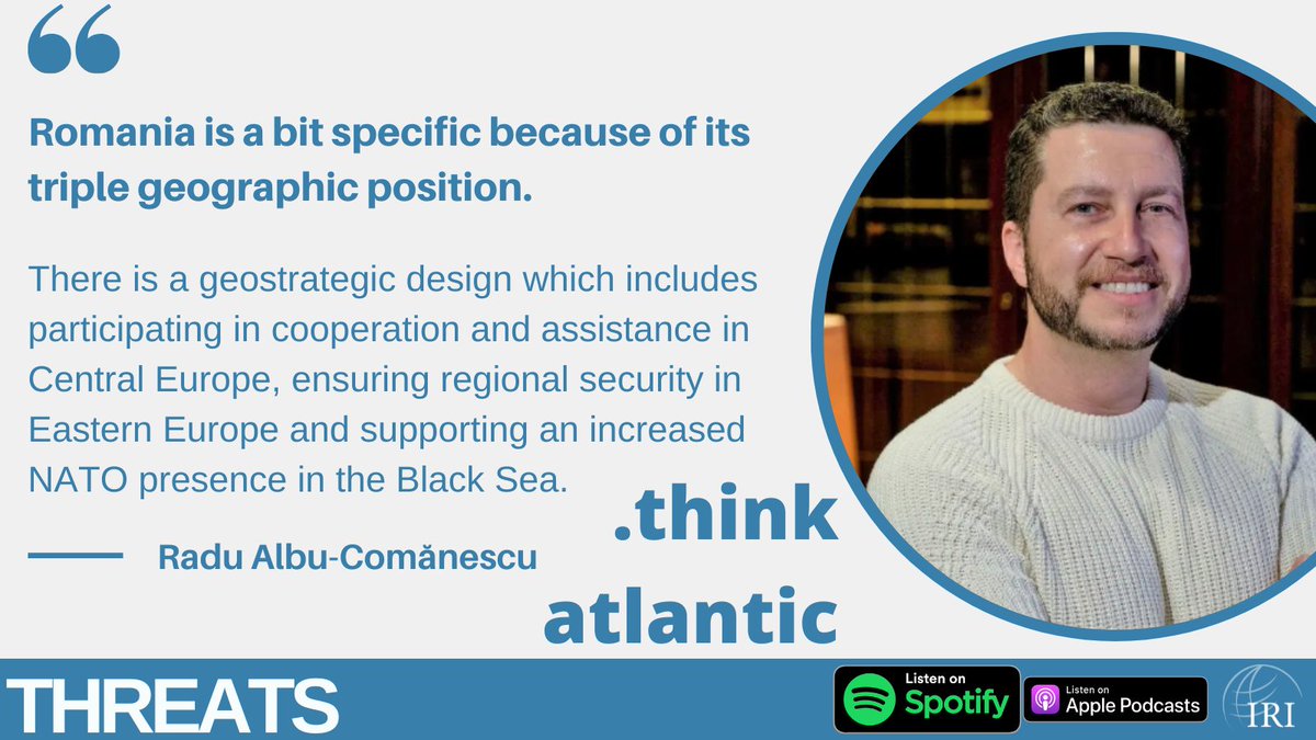 ThinkAtlantic's tweet photo. 🗣️In our latest episode, Radu Albu-Comănescu @raalcom speaks about the geostrategic role of Romania🇷🇴

🎙️Listen the entire episode➡️https://t.co/yQ1axUlVZP
📚Read our publication "THREATS"➡️https://t.co/tJMrsS6FW2 https://t.co/GM9jJhk4xC