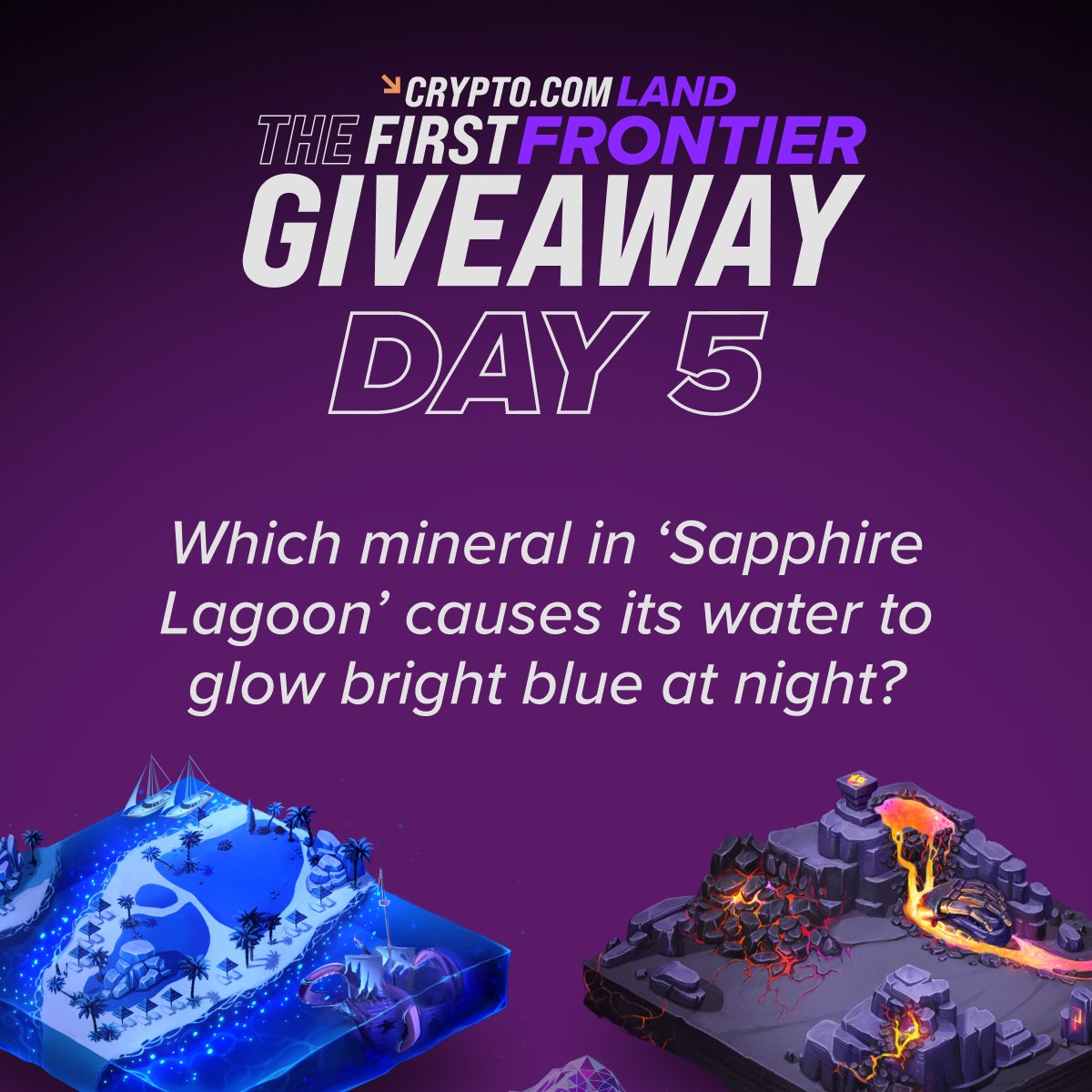 Crypto.com (@cryptocom) on Twitter photo Stand to win a 'Sapphire Lagoon' or 'Molten Cavern' land NFT in Day 5 of the #TFFGiveaway 🌊🌋
✔️ Quote or retweet this tweet with your answer to the question below, and tag 3️⃣ friends in it
✔️ Follow <a href="/cryptocom/">Crypto.com</a> and <a href="/LoadedLions_CDC/">Loaded Lions</a>
✔️ Register here: forms.gle/ZFEWGbCN7pVwrF… Stand to win a 'Sapphire Lagoon' or 'Molten Cavern' land NFT in Day 5 of the #TFFGiveaway 🌊🌋
✔️ Quote or retweet this tweet with your answer to the question below, and tag 3️⃣ friends in it
✔️ Follow <a href="/cryptocom/">Crypto.com</a> and <a href="/LoadedLions_CDC/">Loaded Lions</a>
✔️ Register here: forms.gle/ZFEWGbCN7pVwrF…