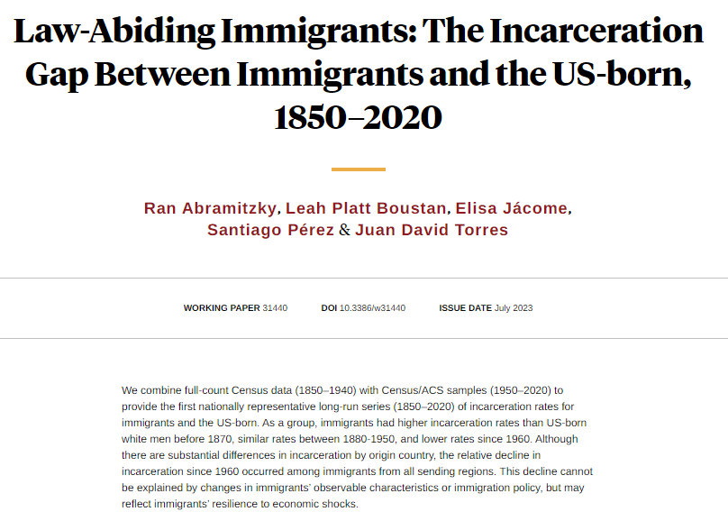 Since 1870, there has never been a time in US history when immigrants as a group were more likely than White US-born men to be incarcerated, from Ran Abramitzky, <a href="/leah_boustan/">Leah Boustan</a>, @elisajacome, <a href="/seperez84/">Santiago Pérez</a>, and <a href="/jdtorres96/">Juan David Torres</a> nber.org/papers/w31440