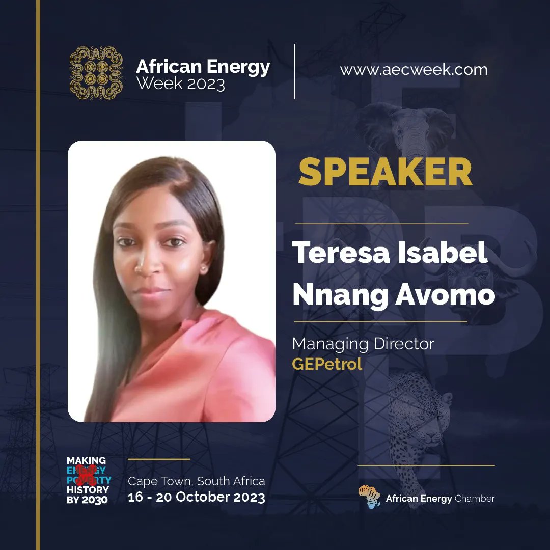 La Directora General de #GEPetrol, Teresa Isabel Nnang Avomo, liderará el diálogo sobre inversiones durante la Semana Africana de la Energía (AEW) de 2023 en Ciudad del Cabo (Sudáfrica ). 
buff.ly/3NRGGTB