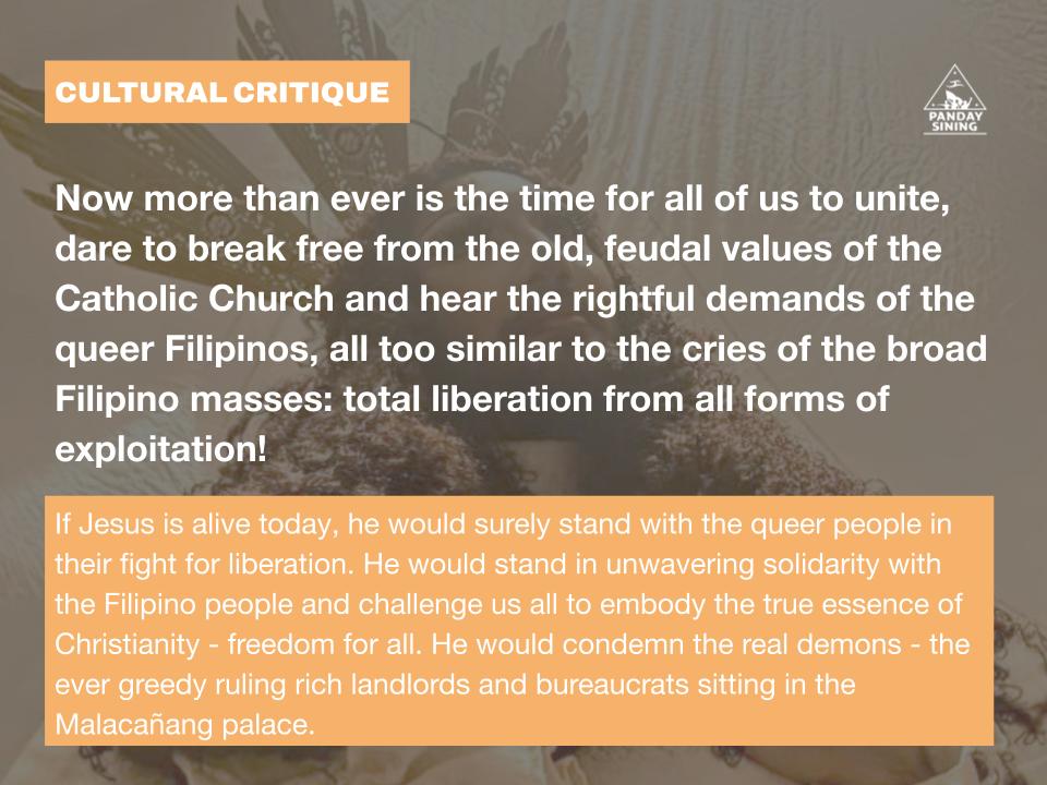 PandaySiningPH's tweet photo. (CULTURAL CRITIQUE)
On Pura Luka’s drag Jesus performance singing with others to the tune of the famous prayer, Ama Namin in its remix version. 
She posed a question worth pondering by everyone: "Was it offensive because I am queer individual or was it for other factors?” https://t.co/eNyrFJnfuR