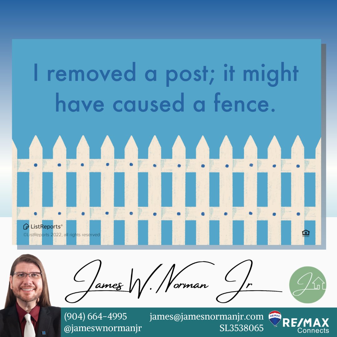JamesWNormanJr's tweet photo. If you're considering buying a new home, now is the time to get off the fence &amp; call me! I will be with you throughout the entire process! #thehelpfulagent #home #houseexpert #house #homeowner #realestate #househunting #haha #dadjoke #punny @jameswnormanjr (904) 664-4995 https://t.co/zi03TIAQ3n