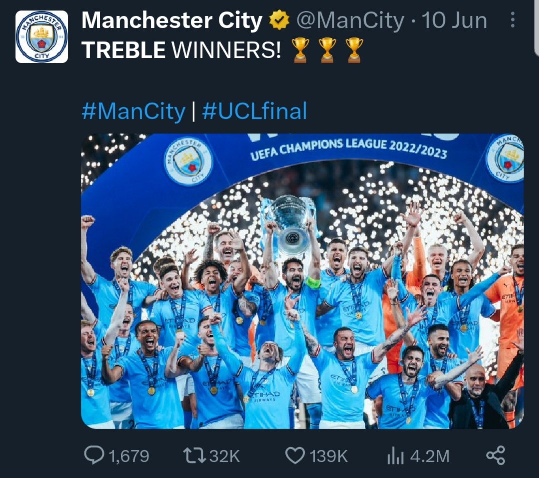 Arsenal Rice announcement, in 1 hour surpassed Man City Treble winners tweet post 1 month ago

You cannot surpass 100 years of history with 10 years of buying trophies