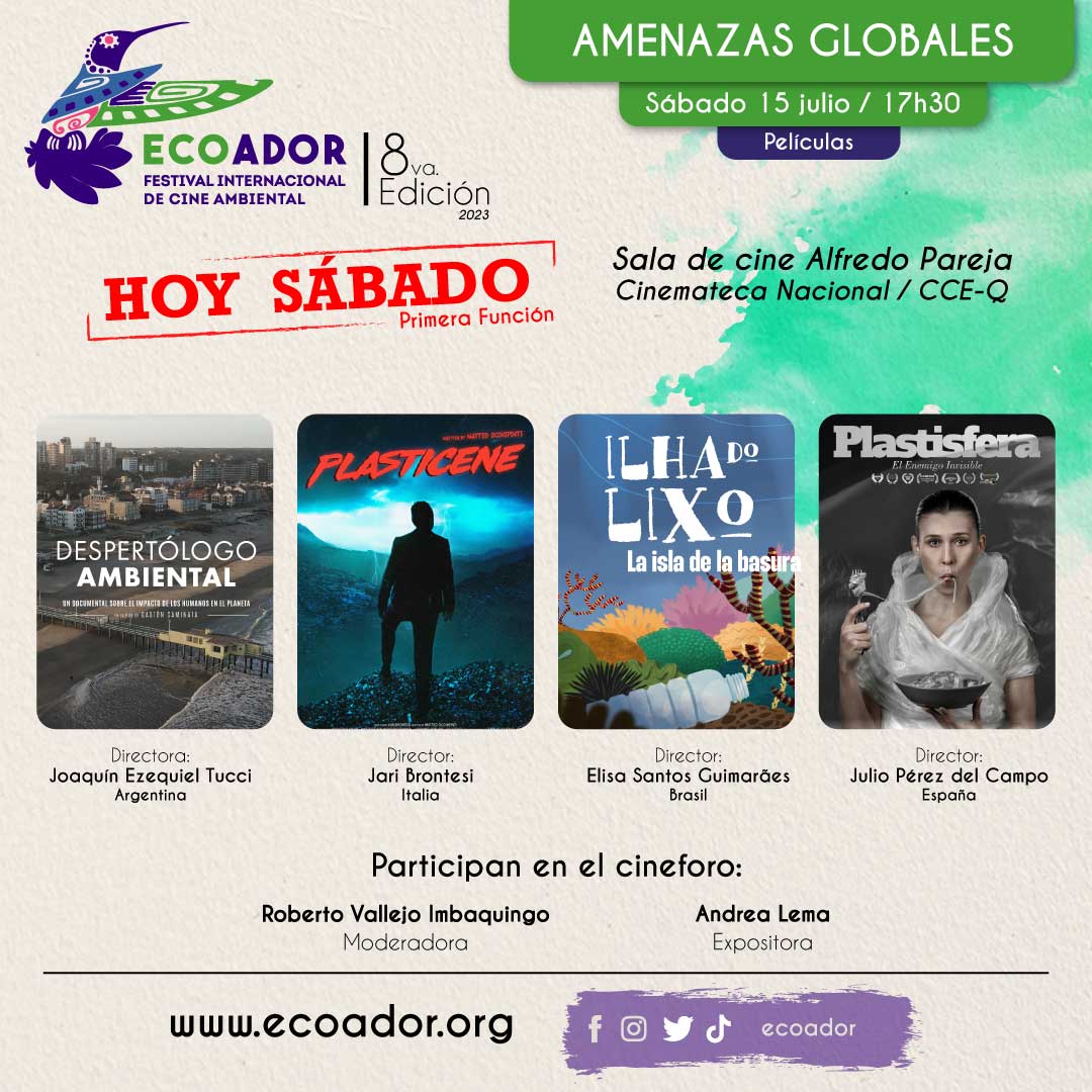 ecoadorfestival's tweet photo. #Ecoador | Hoy Sábado 🔝 17h30
Primera Función 🎬
AMENAZAS GLOBALES ⛔️
4️⃣ Películas para reflexionar
✔️Despertólogo Ambiental 🇬🇹
✔️Plasticene 🇨🇮
✔️ La isla de la basura 🇧��
✔️ Plastífera 🇪🇸
⏰ 17:30
📍Sala de Cine Alfredo Pareja
Más información
https://t.co/9fC9vZNB59 https://t.co/plZYMtcxQr