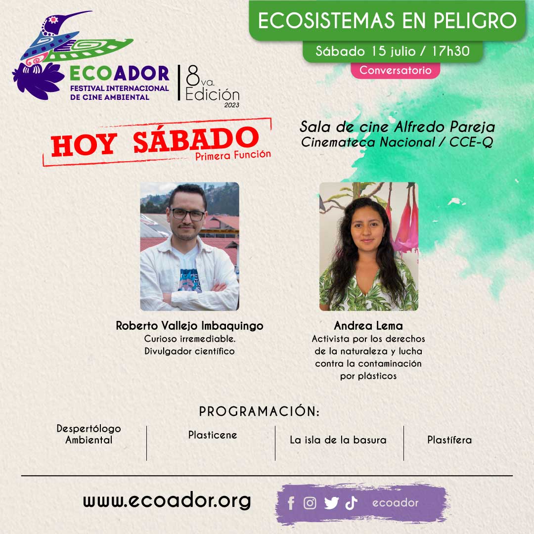 ecoadorfestival's tweet photo. #Ecoador | Hoy Sábado 🔝 17h30
Primera Función 🎬
AMENAZAS GLOBALES ⛔️
4️⃣ Películas para reflexionar
✔️Despertólogo Ambiental 🇬🇹
✔️Plasticene 🇨🇮
✔️ La isla de la basura 🇧��
✔️ Plastífera 🇪🇸
⏰ 17:30
📍Sala de Cine Alfredo Pareja
Más información
https://t.co/9fC9vZNB59 https://t.co/plZYMtcxQr