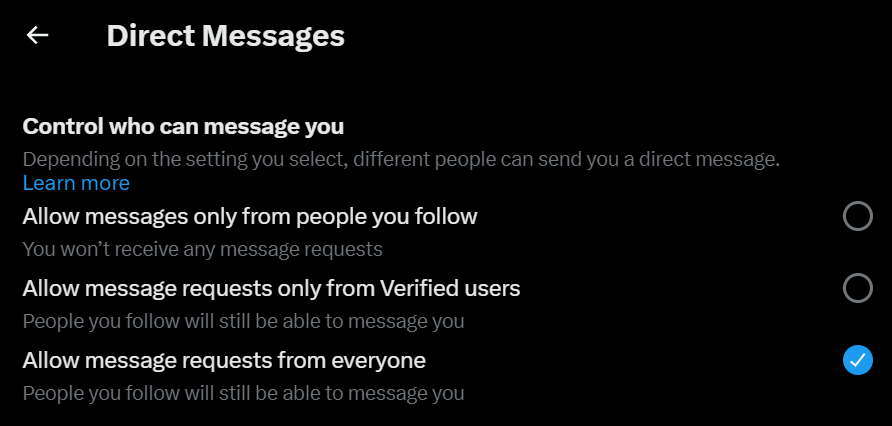 Twitter has changed your direct message option to 'Verified users only' and will revert back to that option even after you change it. Here is how you fix it~ Step 1: Go to Settings > Privacy and Safety > Direct Messages. Step 2: Select the 'Allow messages only from people you…