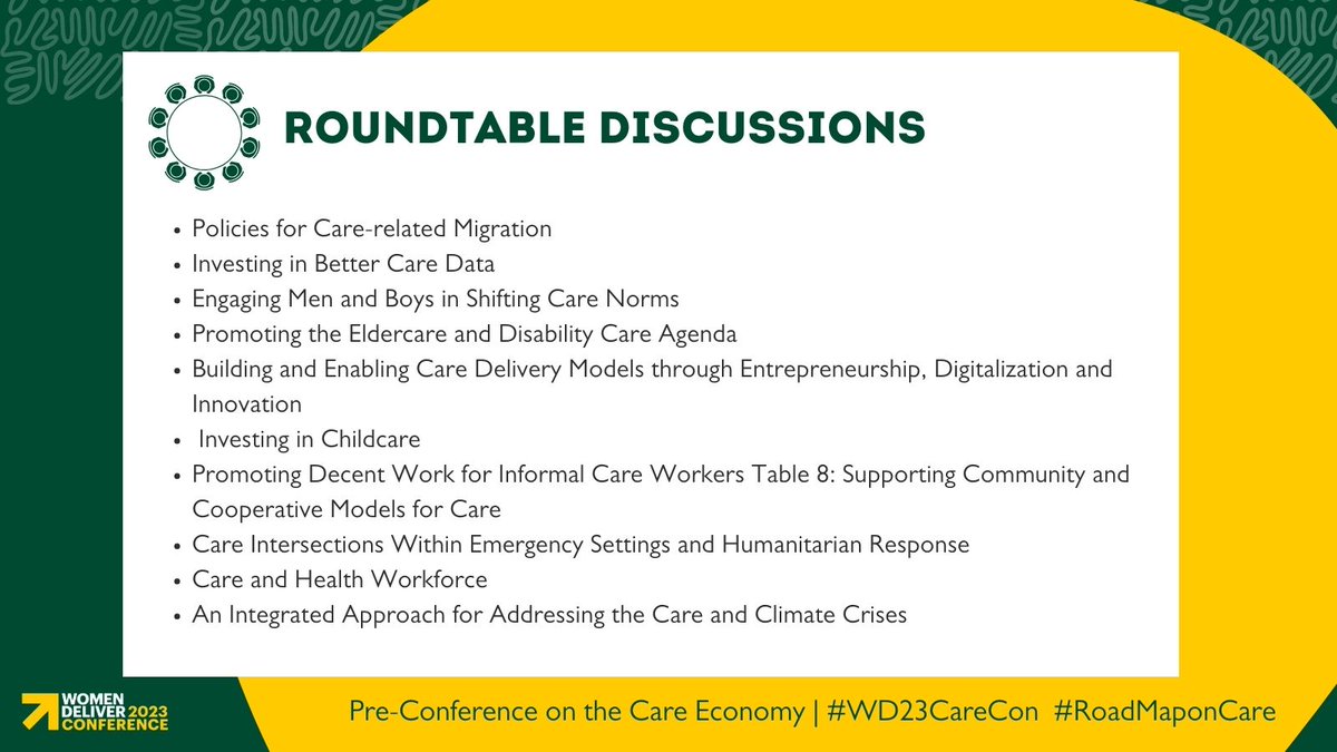 At #WD2023 we are building a Global Roadmap for Action to implement holistic, intersectional, and sustainable care policies + ecosystems.

How? Check out the stakeholder roundtables we are hosting at <a href="/WomenDeliver/">Women Deliver</a> #WD23CareCon  ⬇️.Follow us for more insights on #FutureofCareNow