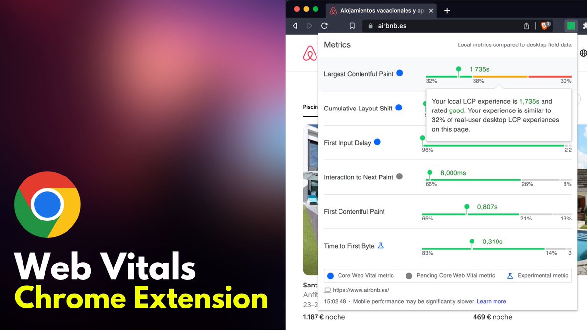 midudev's tweet photo. ¿Quieres mejorar el rendimiento de tu web?
¡El primer paso es medir y entender el problema!

Esta extensión es la CLAVE, te muestra:
- 6 métricas de rendimiento
- Puntuación Core Web Vitals
- Datos de usuarios reales

La puedes descargar aquí:
https://t.co/ah9YtzOy4u https://t.co/yix2iwN0RC