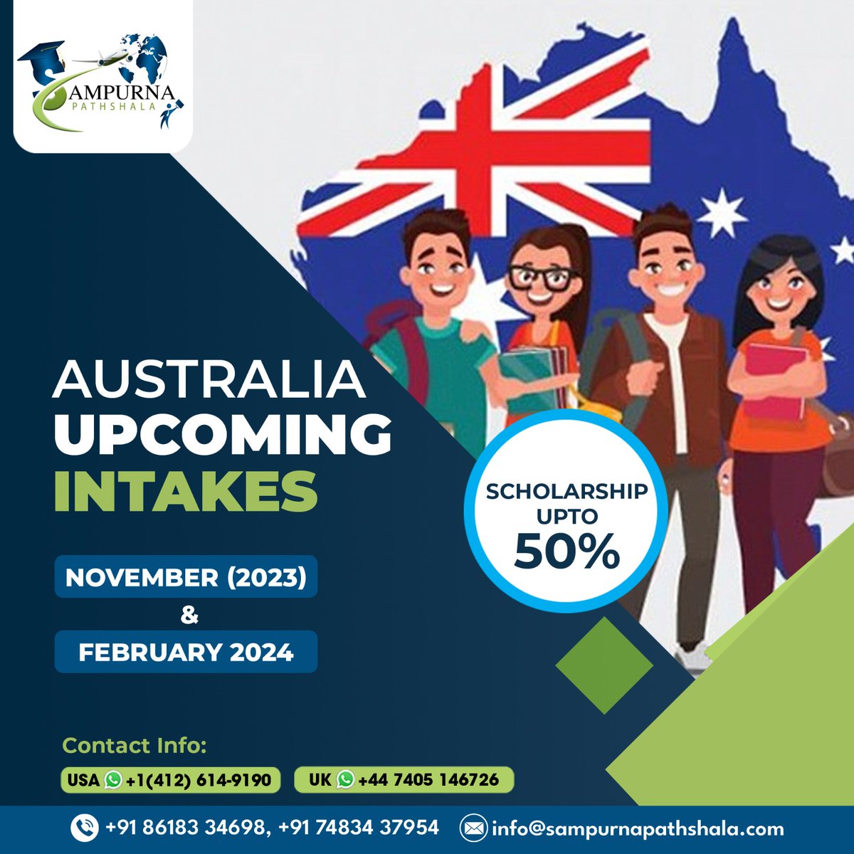 Get ready for upcoming intakes in Australia (November 2023 and February 2024). Enroll now and secure up to 50% scholarships. 

Call us for free counselling at- +91 8618334698

#SampurnaPathshala #StudyAbroadAustralia #UpcomingIntakes #ScholarshipOpportunity #EnrollNow #studytips