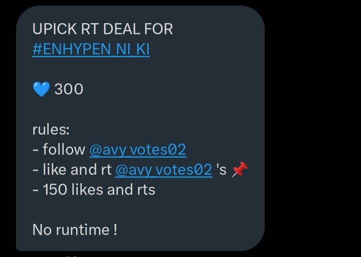 PJSthejay's tweet photo. UPICK RT DEAL FOR #ENHYPEN_NI_KI 

💙 300 

rules:
- follow @avy_votes02
- like and rt @avy_votes02 's 📌
- 150 likes and rts

No runtime !

#ENFuelUp #ENVOOSTERS #ENHARTS_DEAL https://t.co/GSrVUZt6JI