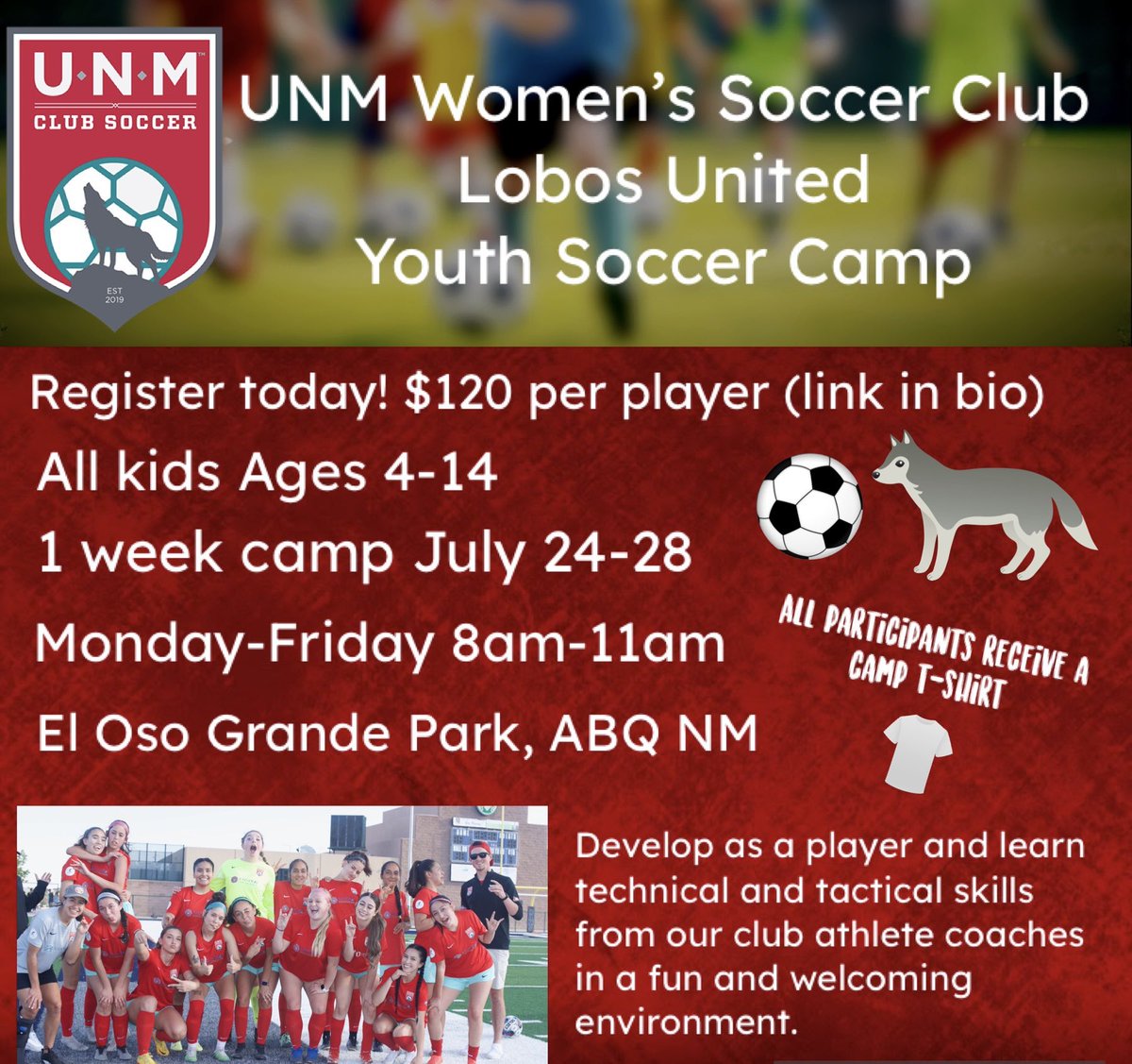 UnmClub's tweet photo. ⚽️Youth Soccer Camp! ⚽️
We’re hosting our first youth summer soccer camp led by our collegiate club athletes!  Campers join us in a one week session from July 24-28 to learn and play soccer in a fun and welcoming environment.  All campers receive a camp t-shirt! https://t.co/lfsaJcrW1U