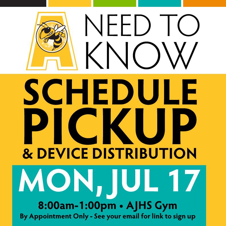 We are gearing up for an excellent year at AJHS! Parents, check your email for our signup genius link and choose a time for Schedule Pickup and Device Distribution on Monday, July 17 -- 8:00am - 1:00pm in the AJHS Gym.

#ExpectExcellence #StarkvilleSpark