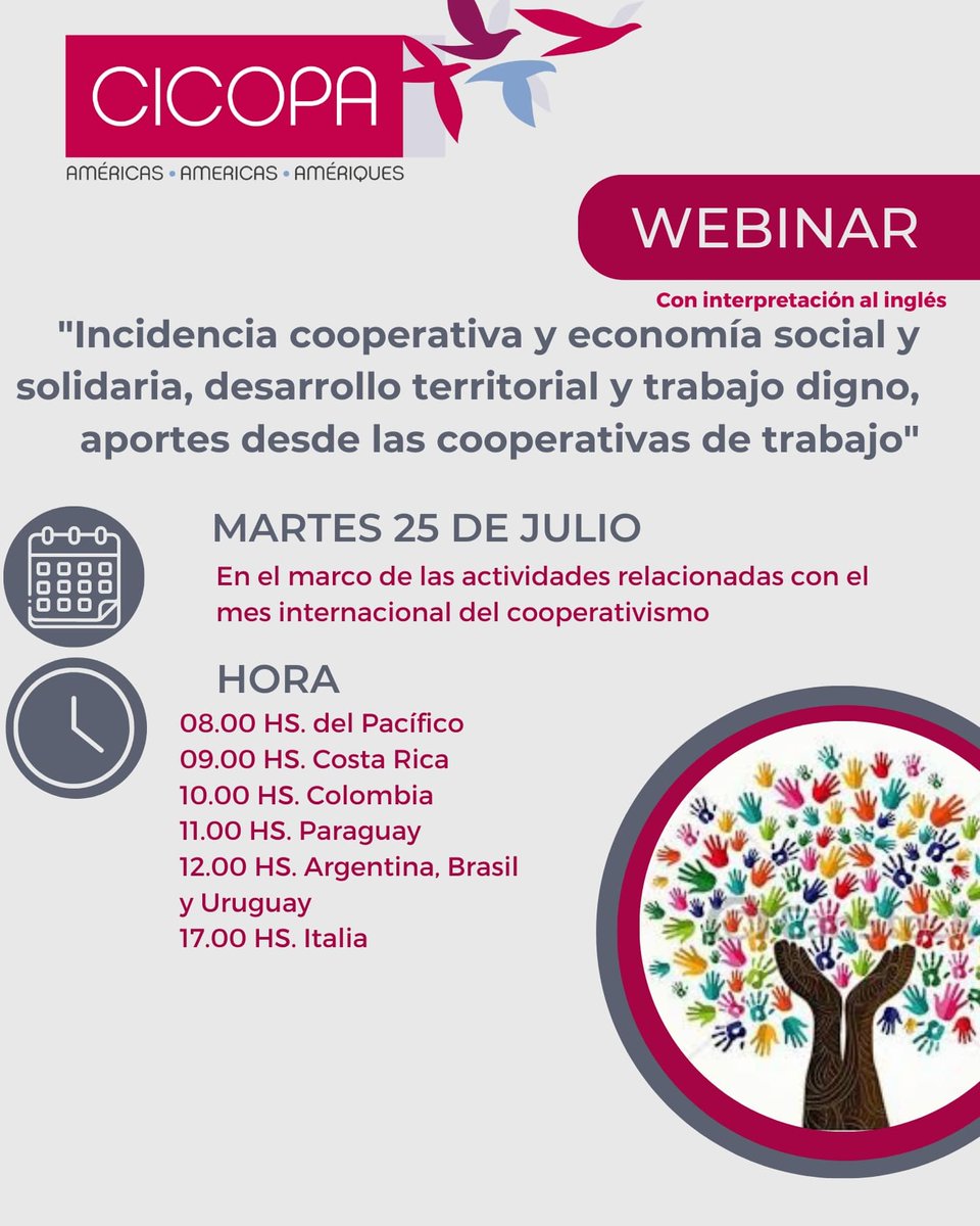 En el Mes Internacional del Cooperativismo les invitamos a un nuevo webinar para compartir los aportes de las cooperativas de trabajo al desarrollo territorial.

#cooperativas #trabajodigno #desarrolloterritorial #economiasolidaria