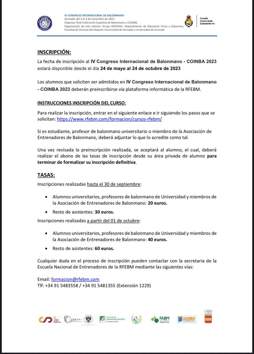 📣 Inscripciones abiertas para el IV Congreso Internacional de Balonmano 📣

Link de inscripción 

rfebm.com/formacion/curs…