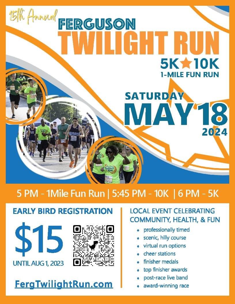 Early Bird Registration is Now Open for the 15th Annual Ferguson Twilight Run. Only $15 for the 5k, 10K, and 1-mile for a limited time. 

Register to #RunWithFerguson on May 18, 2024 at runsignup.com/Race/MO/SaintL…
