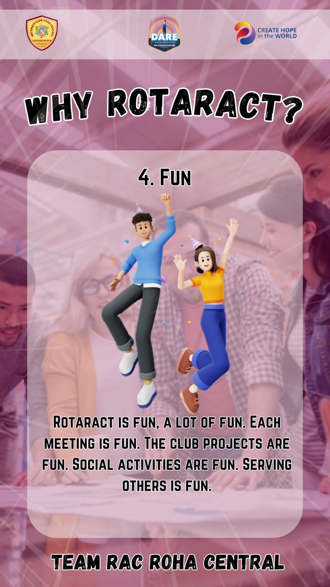 RaCRohaCentral's tweet photo. Here we are with our PR Initiative, 'Reasons to join Rotaract'.
And here's our reason number 4:
🎉 *_Fun_* 😂
 Fun: Rotaract is fun, a lot of fun. Each meeting is fun. The club projects are fun. Social activities are fun. Serving others is fun.

Regards,
Team RaC Roha Central. https://t.co/Q6j7YD4k1K